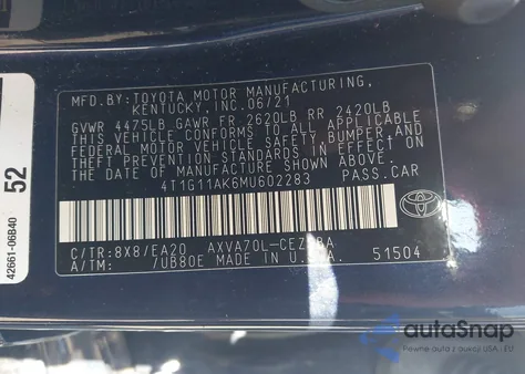 2021 Toyota Camry Se from USA, damaged, VIN 4T1G11AK6MU602283